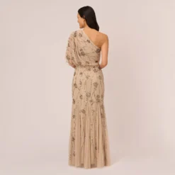 Adrianna Papell One Shoulder Beaded Gown In Nude -Cheap Vesta Gleam Store 091860320 NUD Regular Back