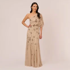 Adrianna Papell One Shoulder Beaded Gown In Nude