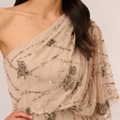 Adrianna Papell One Shoulder Beaded Gown In Nude -Cheap Vesta Gleam Store 091860320 NUD Regular Detail