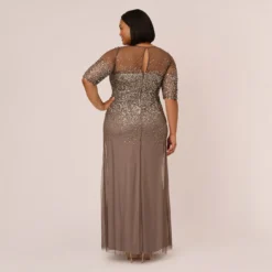 Adrianna Papell Plus Size Beaded Illusion Gown In Lead -Cheap Vesta Gleam Store 091863331 LED Plus Back