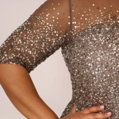 Adrianna Papell Plus Size Beaded Illusion Gown In Lead -Cheap Vesta Gleam Store 091863331 LED Plus Lifestyle