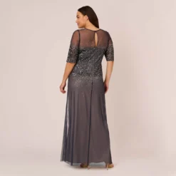 Adrianna Papell Plus Size Beaded Illusion Gown In Navy -Cheap Vesta Gleam Store 091863331 NAV Plus Back