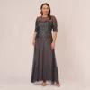 Adrianna Papell Plus Size Beaded Illusion Gown In Navy