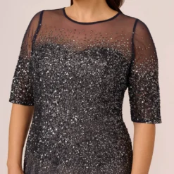 Adrianna Papell Plus Size Beaded Illusion Gown In Navy -Cheap Vesta Gleam Store 091863331 NAV Plus Detail