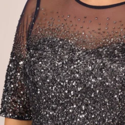 Adrianna Papell Plus Size Beaded Illusion Gown In Navy -Cheap Vesta Gleam Store 091863331 NAV Plus Lifestyle