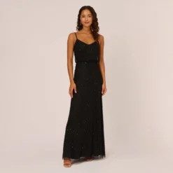 Adrianna Papell Art Deco Beaded Blouson Gown In Black