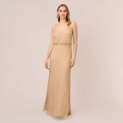 Adrianna Papell Art Deco Beaded Blouson Gown In Champ Gold