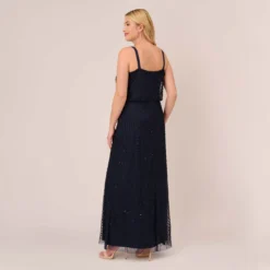 Adrianna Papell Plus Size Art Deco Beaded Blouson Gown In Navy Black -Cheap Vesta Gleam Store 091866701 AI410 Plus Back