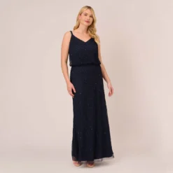 Adrianna Papell Plus Size Art Deco Beaded Blouson Gown In Navy Black