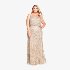 Adrianna Papell Plus Size Art Deco Beaded Blouson Gown In Taupe Pink -Cheap Vesta Gleam Store 09186670 T P Plus Alternate