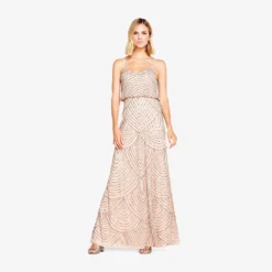 Adrianna Papell Art Deco Beaded Blouson Gown In Taupe Pink