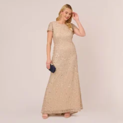 Adrianna Papell Plus Size Scoop Back Sequin Gown In Champagne -Cheap Vesta Gleam Store 091874601 CHA Plus Side