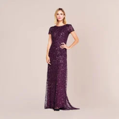 Adrianna Papell Scoop Back Sequin Gown In Cabernet