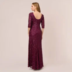 Adrianna Papell Scoop Back Sequin Gown With Three Quarter Sleeves In Cabernet -Cheap Vesta Gleam Store 091919970 AD605 Regular Back