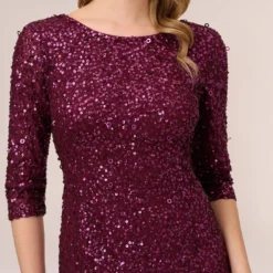 Adrianna Papell Scoop Back Sequin Gown With Three Quarter Sleeves In Cabernet -Cheap Vesta Gleam Store 091919970 AD605 Regular Detail