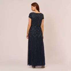 Adrianna Papell Short Sleeve Blouson Beaded Gown In Navy -Cheap Vesta Gleam Store 191906600 NAV Regular Back