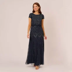 Adrianna Papell Short Sleeve Blouson Beaded Gown In Navy