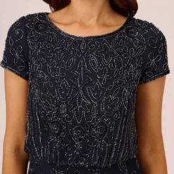 Adrianna Papell Short Sleeve Blouson Beaded Gown In Navy -Cheap Vesta Gleam Store 191906600 NAV Regular Detail