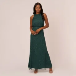Adrianna Papell Art Deco Beaded Blouson Dress With Halter Neckline In Dusty Emerald