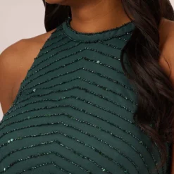 Adrianna Papell Art Deco Beaded Blouson Dress With Halter Neckline In Dusty Emerald -Cheap Vesta Gleam Store 191914100 AA302 Regular Detail