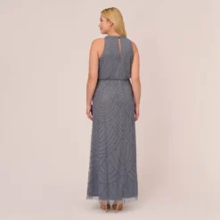 Adrianna Papell Plus Size Art Deco Beaded Blouson Dress With Halter Neckline In Dusty Blue -Cheap Vesta Gleam Store 191914100 AA463 Plus Back