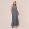Adrianna Papell Plus Size Art Deco Beaded Blouson Dress With Halter Neckline In Dusty Blue