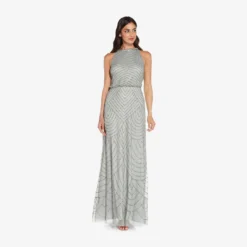 Adrianna Papell Art Deco Beaded Blouson Dress With Halter Neckline In Blue Mist -Cheap Vesta Gleam Store 191914100 AE485 Regular Alternate