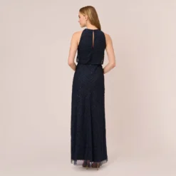 Adrianna Papell Art Deco Beaded Blouson Dress With Halter Neckline In Navy Black -Cheap Vesta Gleam Store 191914100 AI410 Regular Back