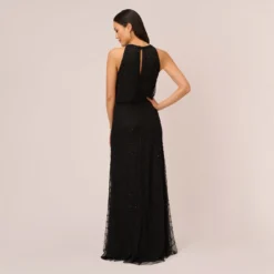 Adrianna Papell Art Deco Beaded Blouson Dress With Halter Neckline In Black Black -Cheap Vesta Gleam Store 191914100 BD002 Regular Back