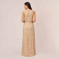 Adrianna Papell Art Deco Beaded Blouson Dress With Halter Neckline In Nude -Cheap Vesta Gleam Store 191914100 NUD Regular Back