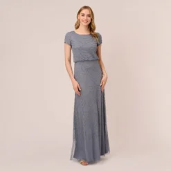 Adrianna Papell Short Sleeve Beaded Blouson Gown In Dusty Blue