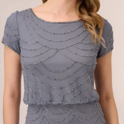 Adrianna Papell Short Sleeve Beaded Blouson Gown In Dusty Blue -Cheap Vesta Gleam Store 191916100 AA463 Regular Detail