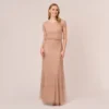 Adrianna Papell Short Sleeve Beaded Blouson Gown In Rose Gold