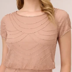 Adrianna Papell Short Sleeve Beaded Blouson Gown In Rose Gold -Cheap Vesta Gleam Store 191916100 AA958 Regular Detail