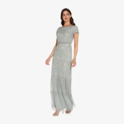Adrianna Papell Short Sleeve Beaded Blouson Gown In Blue Mist -Cheap Vesta Gleam Store 191916100 AE485 Regular Alternate