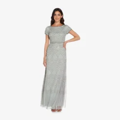 Adrianna Papell Short Sleeve Beaded Blouson Gown In Blue Mist