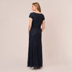 Adrianna Papell Short Sleeve Beaded Blouson Gown In Navy Black -Cheap Vesta Gleam Store 191916100 AI410 Regular Back