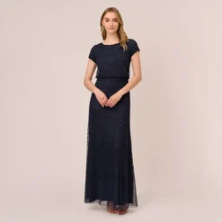 Adrianna Papell Short Sleeve Beaded Blouson Gown In Navy Black