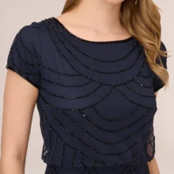 Adrianna Papell Short Sleeve Beaded Blouson Gown In Navy Black -Cheap Vesta Gleam Store 191916100 AI410 Regular Detail