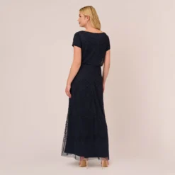 Adrianna Papell Plus Size Short Sleeve Beaded Blouson Gown In Navy Black -Cheap Vesta Gleam Store 191916101 AI410 Plus Back