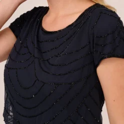 Adrianna Papell Plus Size Short Sleeve Beaded Blouson Gown In Navy Black -Cheap Vesta Gleam Store 191916101 AI410 Plus Lifestyle