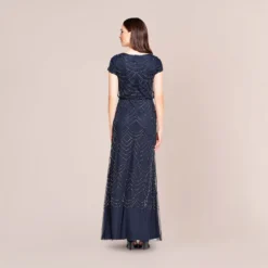 Adrianna Papell Short Sleeve Beaded Blouson Gown In Navy -Cheap Vesta Gleam Store 19191610 AC410 Regular Back