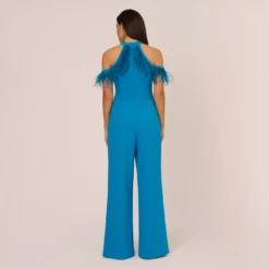 Cold Shoulder Stretch Crepe Jumpsuit With Feather Trim In Deep Cerulean -Cheap Vesta Gleam Store ADAE211238 AB431 Regular Back