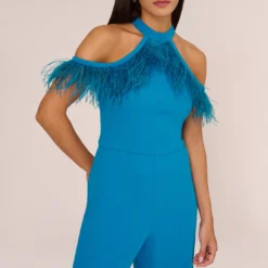 Cold Shoulder Stretch Crepe Jumpsuit With Feather Trim In Deep Cerulean -Cheap Vesta Gleam Store ADAE211238 AB431 Regular Lifestyle