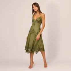 Vintage Beaded Midi Fairy Dress With Sharkbite Hem In Olive
