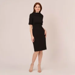 Adrianna Papell Short Sleeve Crepe Dress With Rolled Neck In Black -Cheap Vesta Gleam Store AP1D101960 AA002 Regular Front