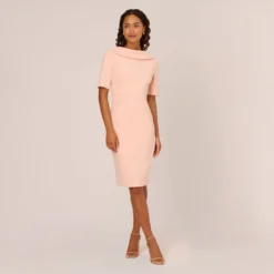 Adrianna Papell Short Sleeve Crepe Dress With Rolled Neck In Blush -Cheap Vesta Gleam Store AP1D101960 AD684 Regular Front