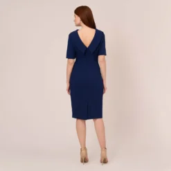 Adrianna Papell Short Sleeve Crepe Dress With Rolled Neck In Navy Sateen -Cheap Vesta Gleam Store AP1D101960 AK412 Regular Back