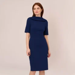 Adrianna Papell Short Sleeve Crepe Dress With Rolled Neck In Navy Sateen