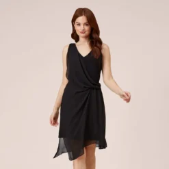 Adrianna Papell Asymmetrical Draped Dress In Black